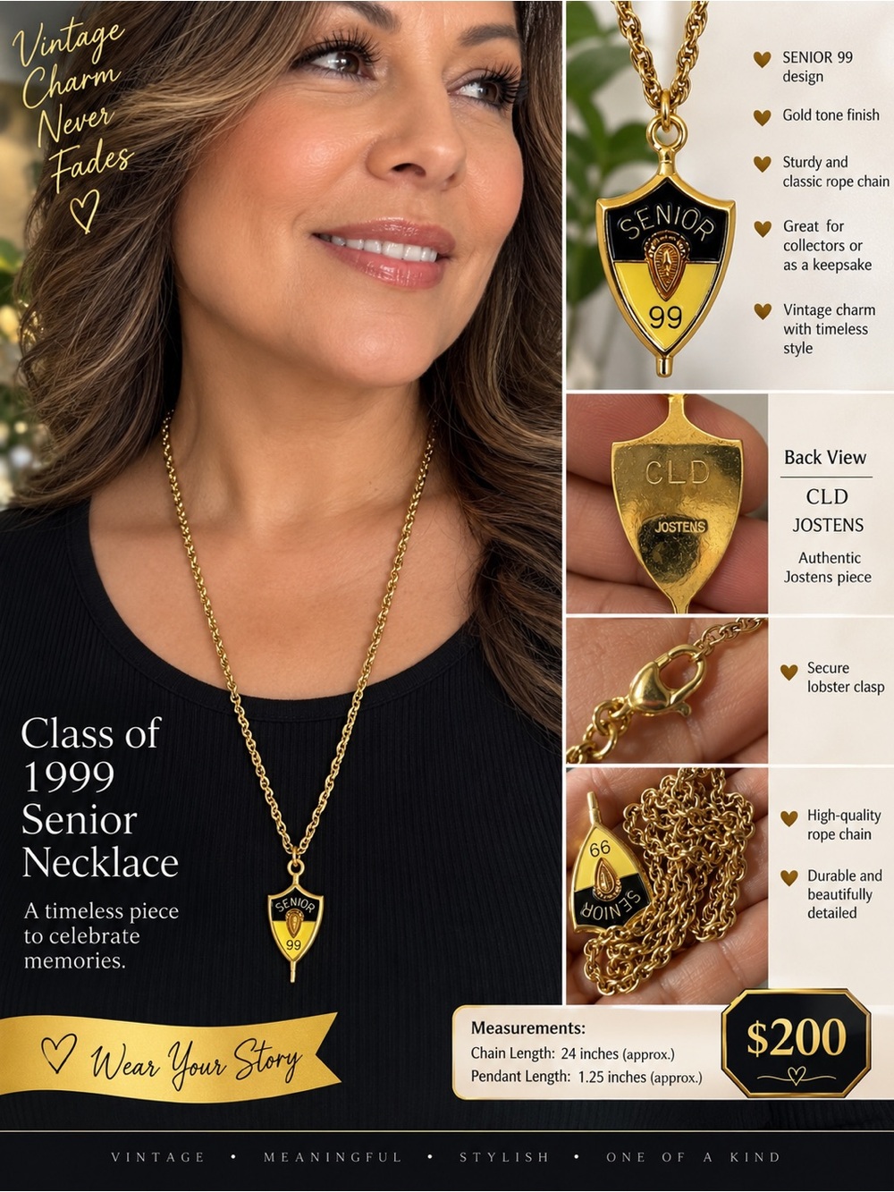 Vintage Class of 1999 Senior Shield Necklace - Gold Tone